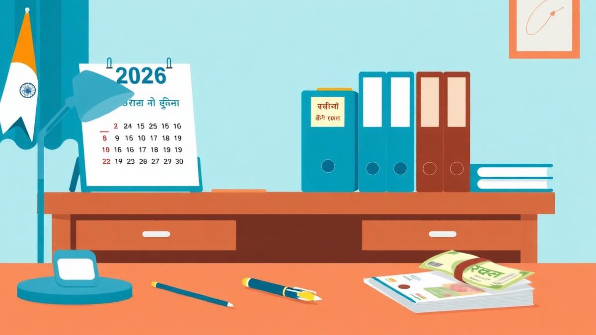 Government office desk with a 2026 calendar and 8th Pay Commission files illustrating the consultation phase timeline