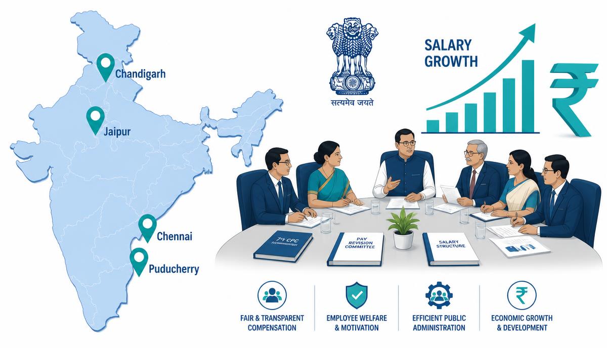 भारत के नक्शे पर जयपुर, चेन्नई, पुडुचेरी और चंडीगढ़ के लोकेशन पिन, 8वें वेतन आयोग की बैठक और बढ़ती सैलरी का चार्ट