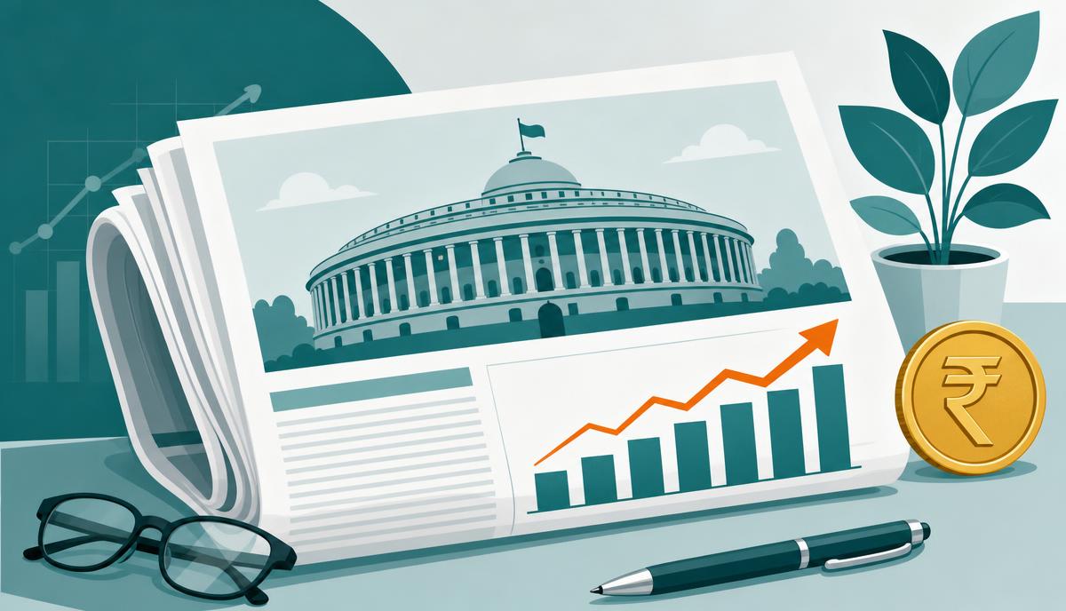 Newspaper with Indian Parliament building, rising salary chart and a rupee coin illustrating 8th Pay Commission latest news 2026