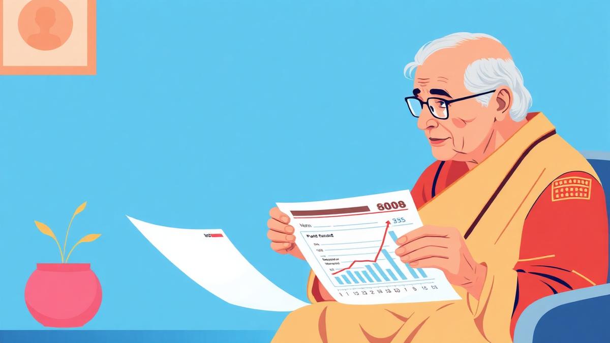 Senior pensioner reviewing revised pension documents with a rising chart illustrating 8th Pay Commission pension revision