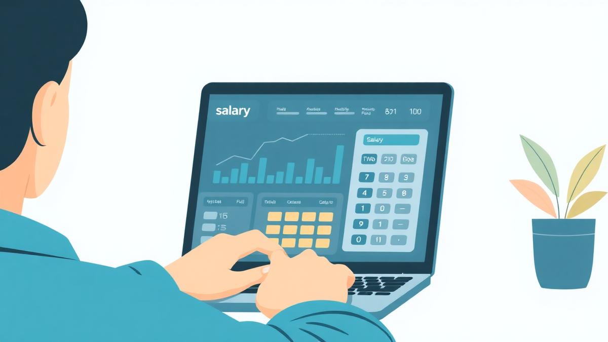 Person using a laptop showing an 8th CPC salary calculator dashboard with charts