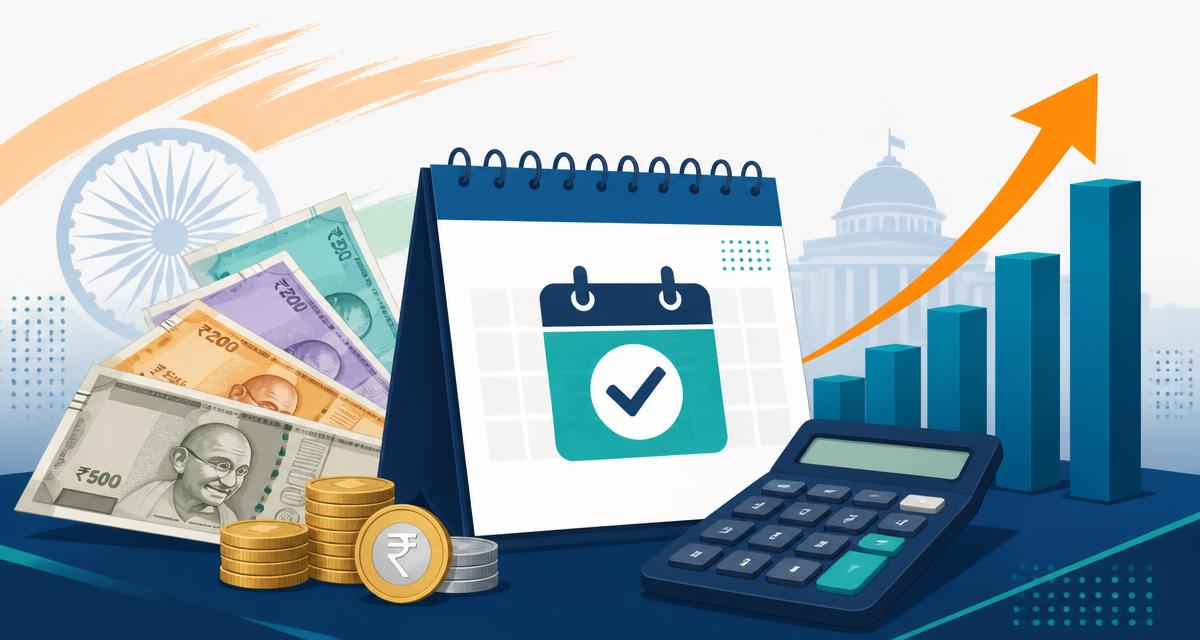 Indian rupee notes, a calculator, a 2026 calendar and a rising bar chart illustrating 8th Pay Commission arrears