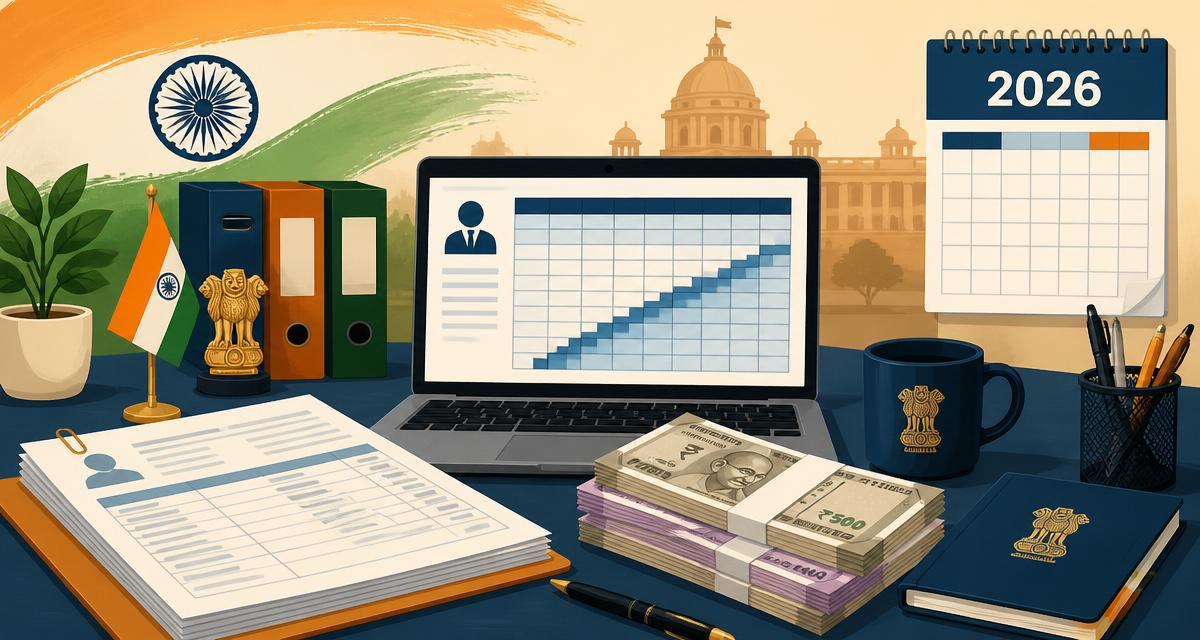 सरकारी दफ्तर की मेज पर वेतन पर्ची, रुपये के नोट, लैपटॉप पर पे मैट्रिक्स और 2026 का कैलेंडर
