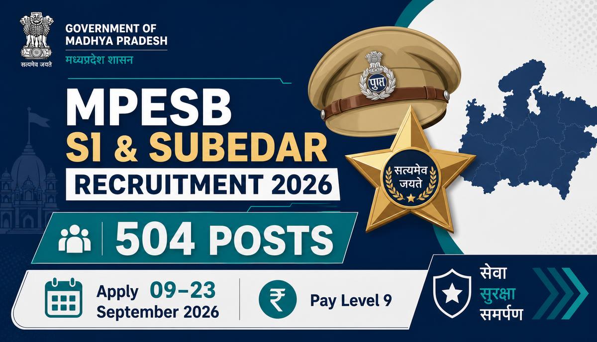 MPESB SI and Subedar Recruitment 2026 notification for 504 MP Police posts with online applications open from 09 to 23 September 2026