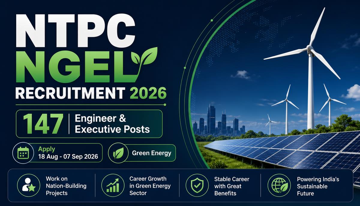 NTPC NGEL Recruitment 2026 for 147 Engineer and Executive posts with online application from 18 August to 7 September 2026