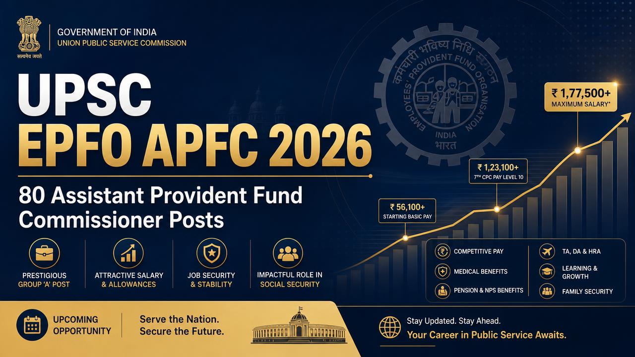UPSC EPFO APFC Recruitment 2026 for 80 Assistant Provident Fund Commissioner posts with Level 10 pay of Rs. 56,100